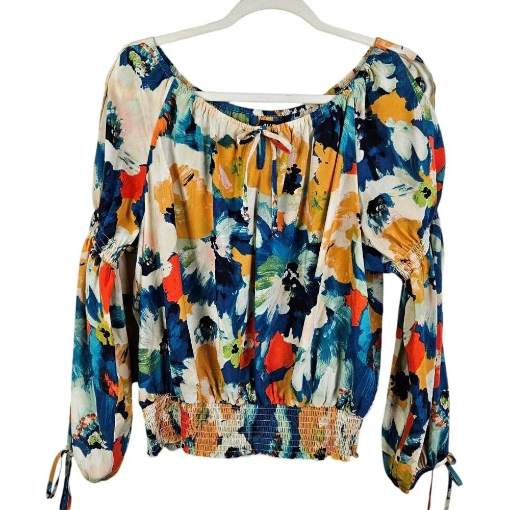 Allen B Schwartz Floral Print Peasant Top Blouse Cold Shoulder Size Large